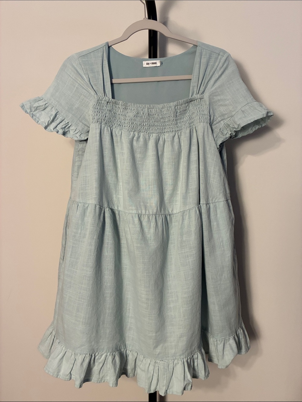 Day + Moon Smocked Babydoll Ruffled Mini Dress Light Green Flowy Small - Picture 2 of 6